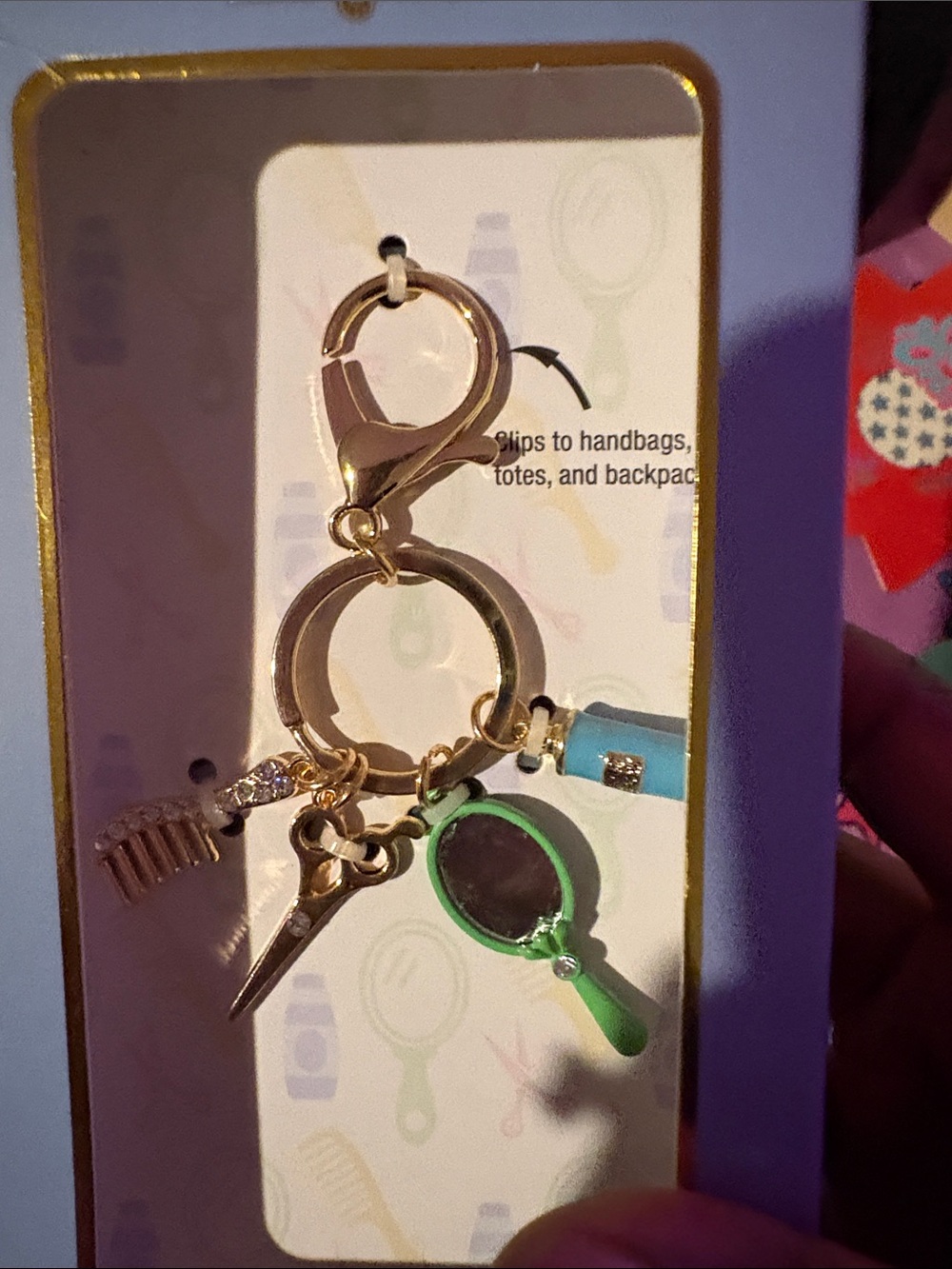 Gold Charm Keychain with Green Mirror and Blue Lipstick Accent